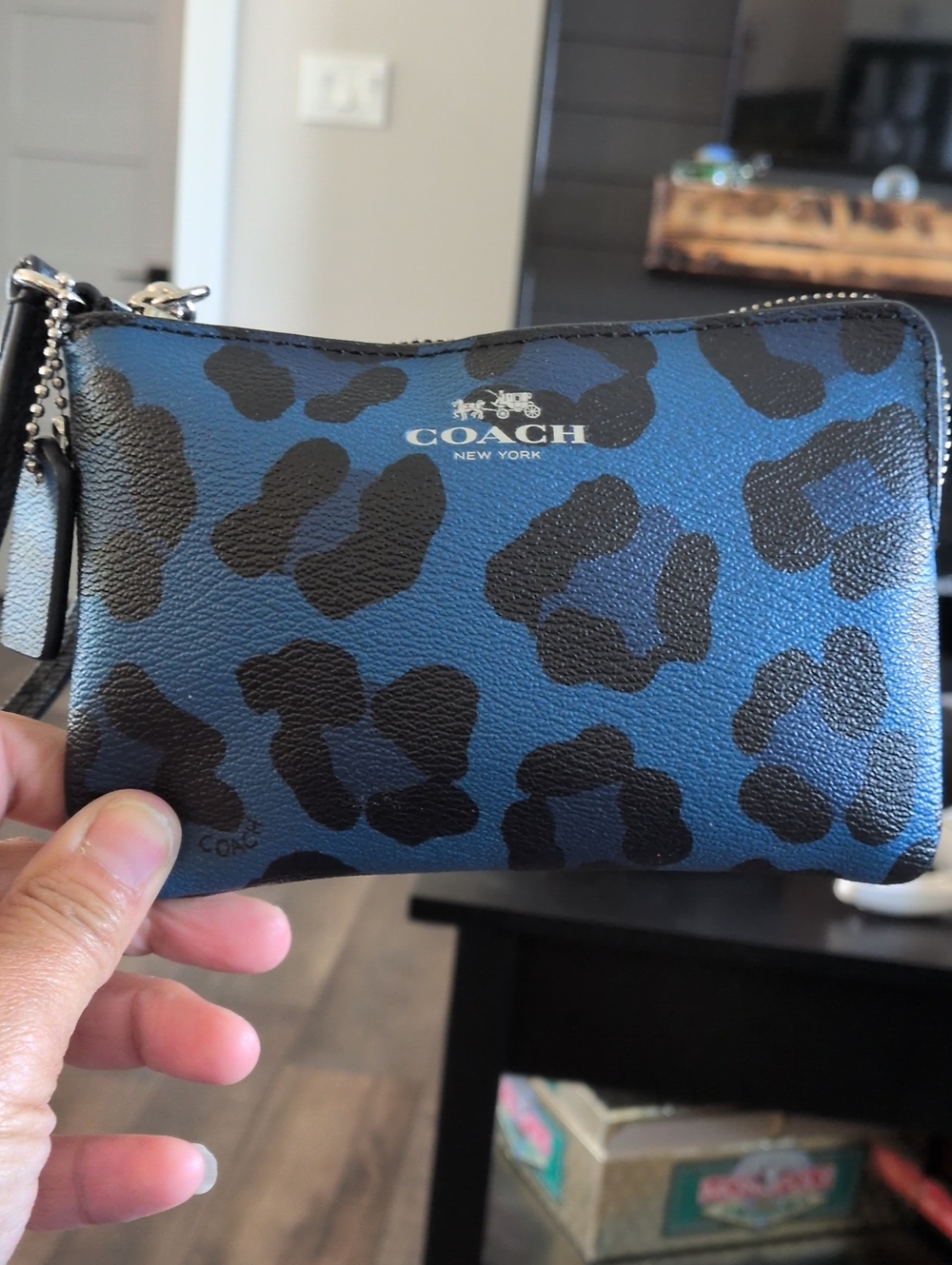 Coach Corner Zip Wristlet in Stunning Blue Ocelot Leopard